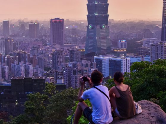 The sun sets over Taipei, as seen from Elephant Mountain.