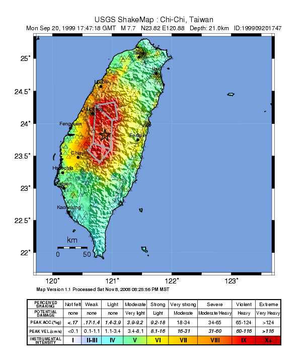 Shake map of the Chi-Chi earthquake that occurred on 20 Sep 1999 at 17:47 UTC.(Photo credit・Wikipedia)